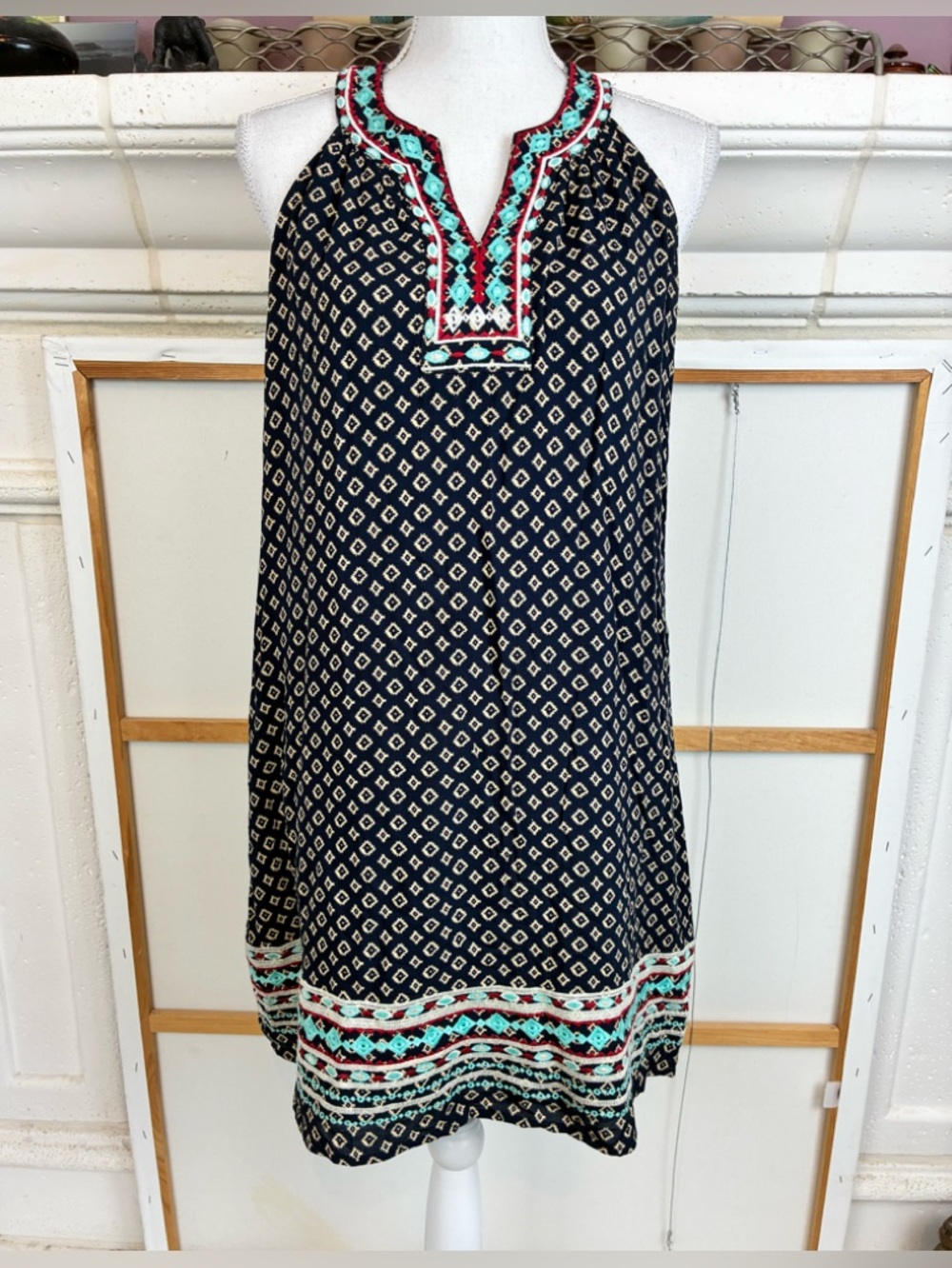 THML Sleeveless V neck Printed Shift Dress with Tribal Embroidery